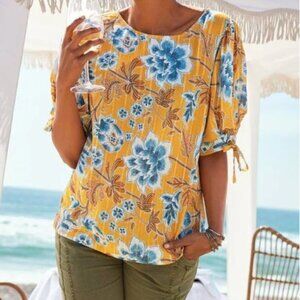 Soft Surroundings Yellow Floral Tie Sleeve Top